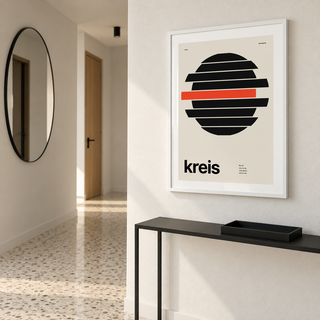 Sliced circle with one red band print above a console table in a hallway