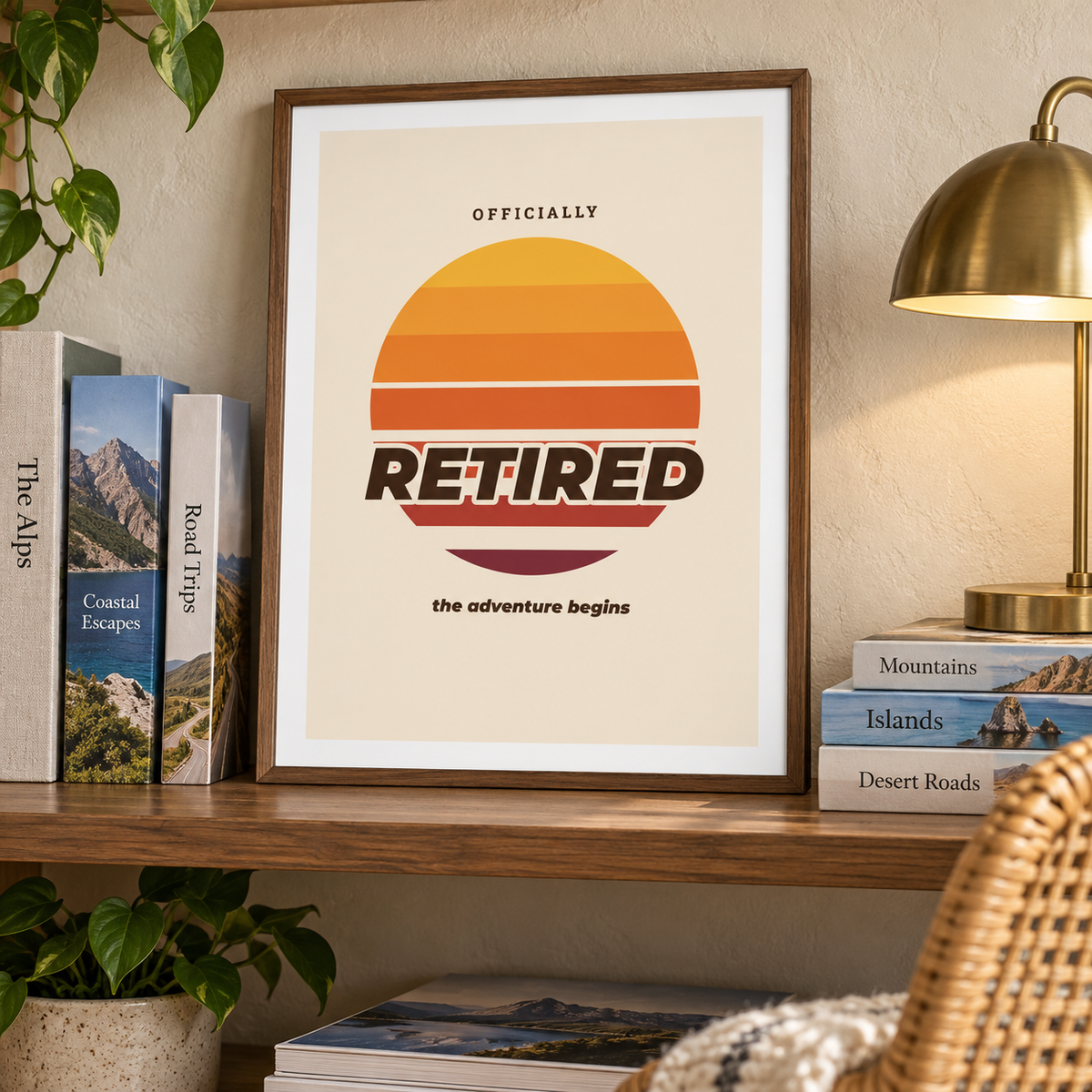 Striped orange sunset print beside a bookcase in a living room