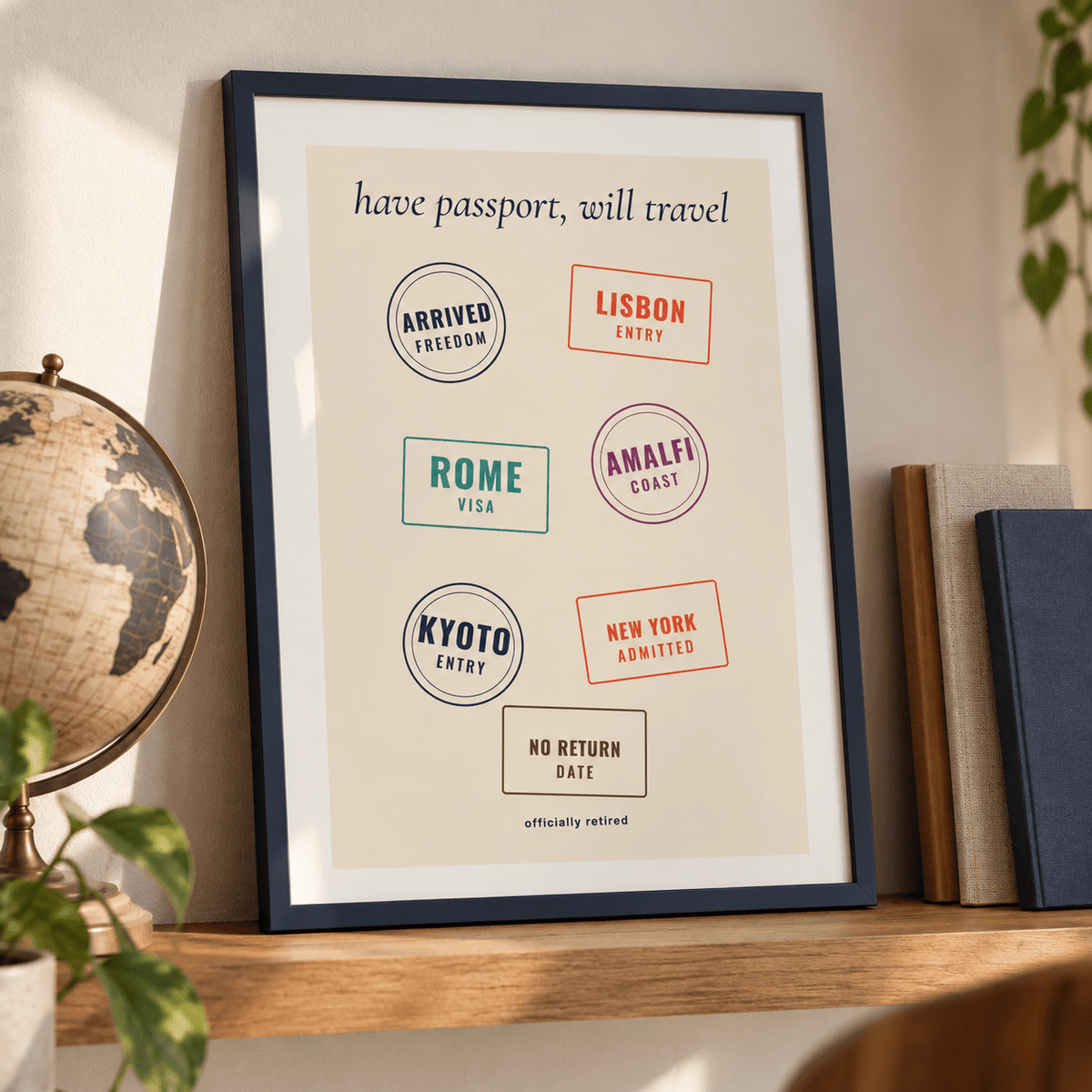 Travel stamps print leaning on a shelf beside books and plants