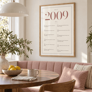 Cream and dusty rose 2009 birth year print in a calm room setting