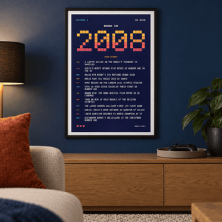Eight bit 2008 high score print in a calm room setting