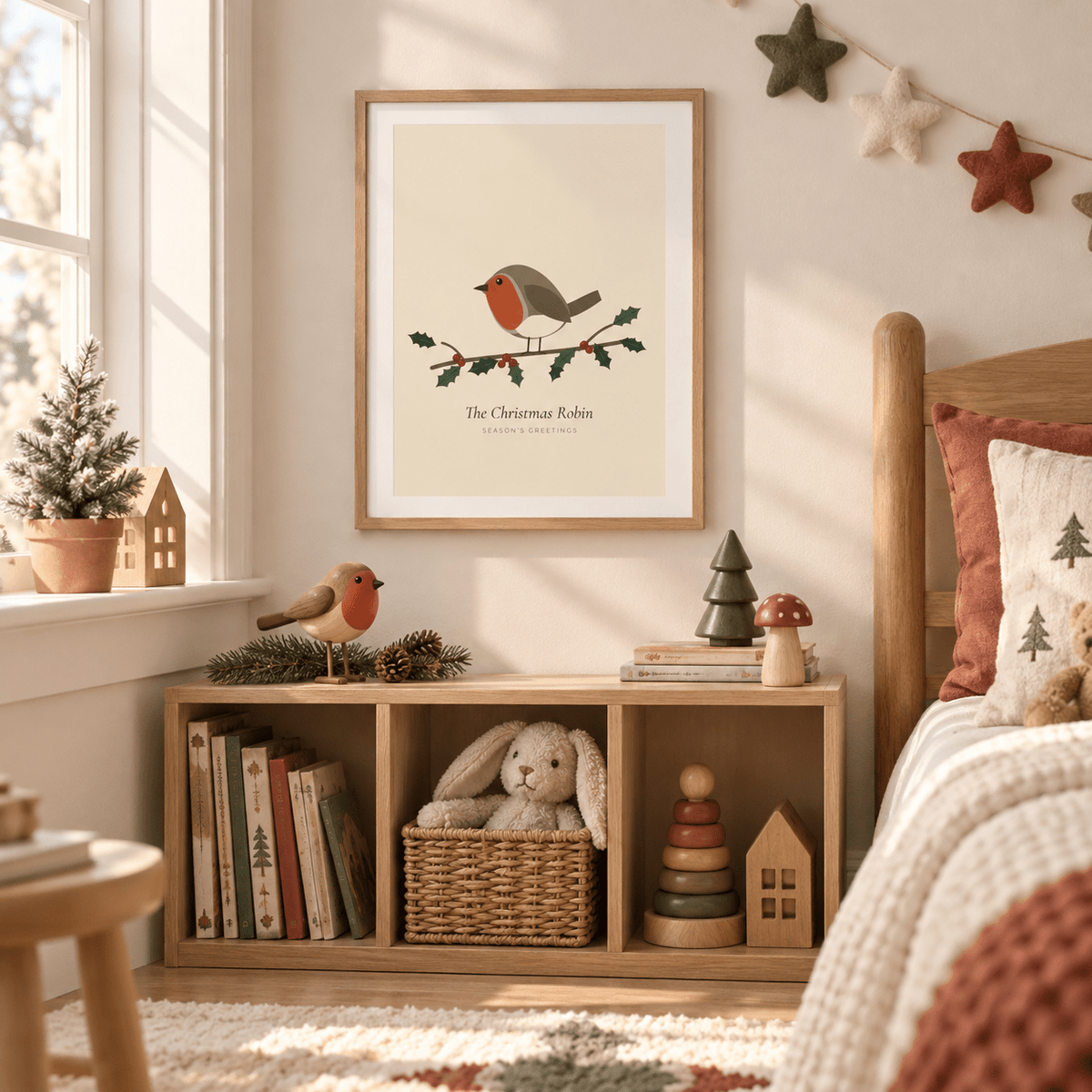 Robin and holly print on cream in a kids bedroom at Christmas