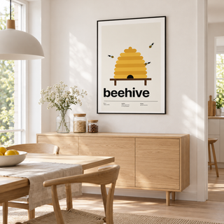 Golden straw skep on a stand above a wooden sideboard in a dining room