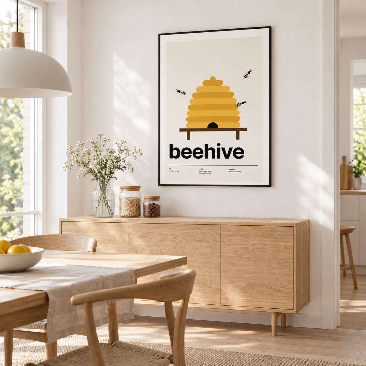 Golden straw skep on a stand above a wooden sideboard in a dining room