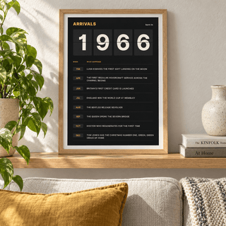 Arrivals board print with 1966 on flap tiles in a calm room setting