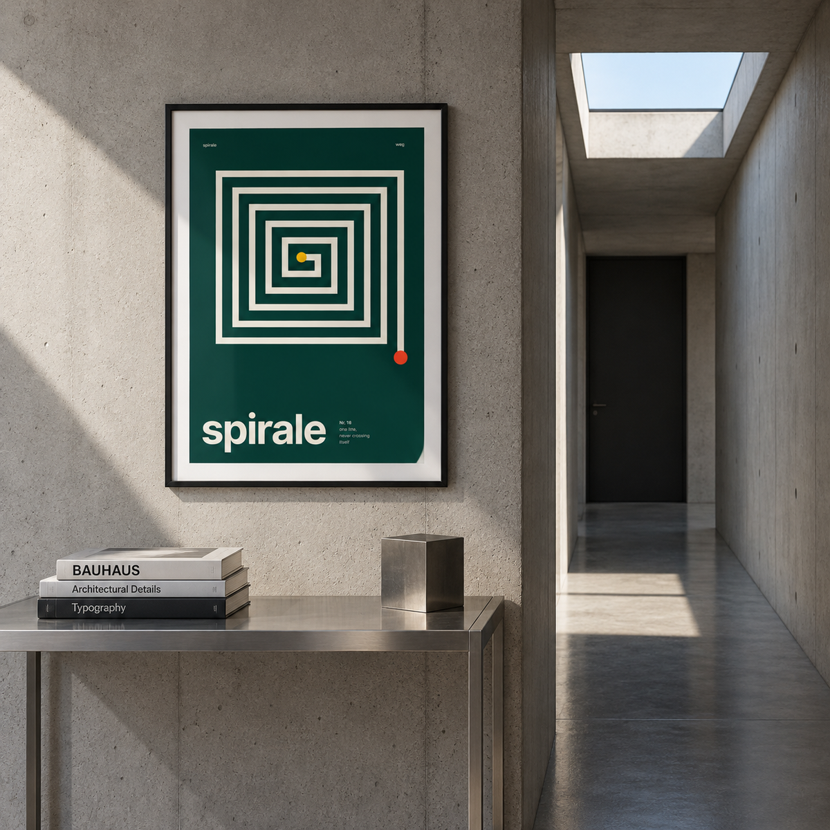 Geometric square spiral print above a console table in a hallway