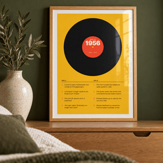 Black vinyl record print with a 1956 label in a calm room setting
