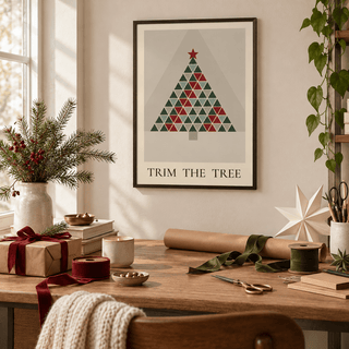 Scandi triangle tree print in a holiday wrapping room at Christmas