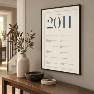 Cream and slate blue 2011 birth year print in a calm room setting