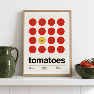 Grid of red tomatoes from above leaning on a ledge in a bright kitchen