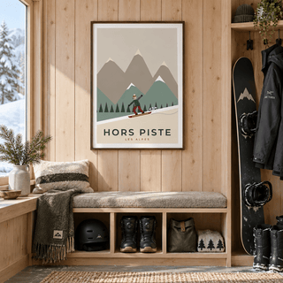 Alpine snowboarding print in a mudroom at Christmas