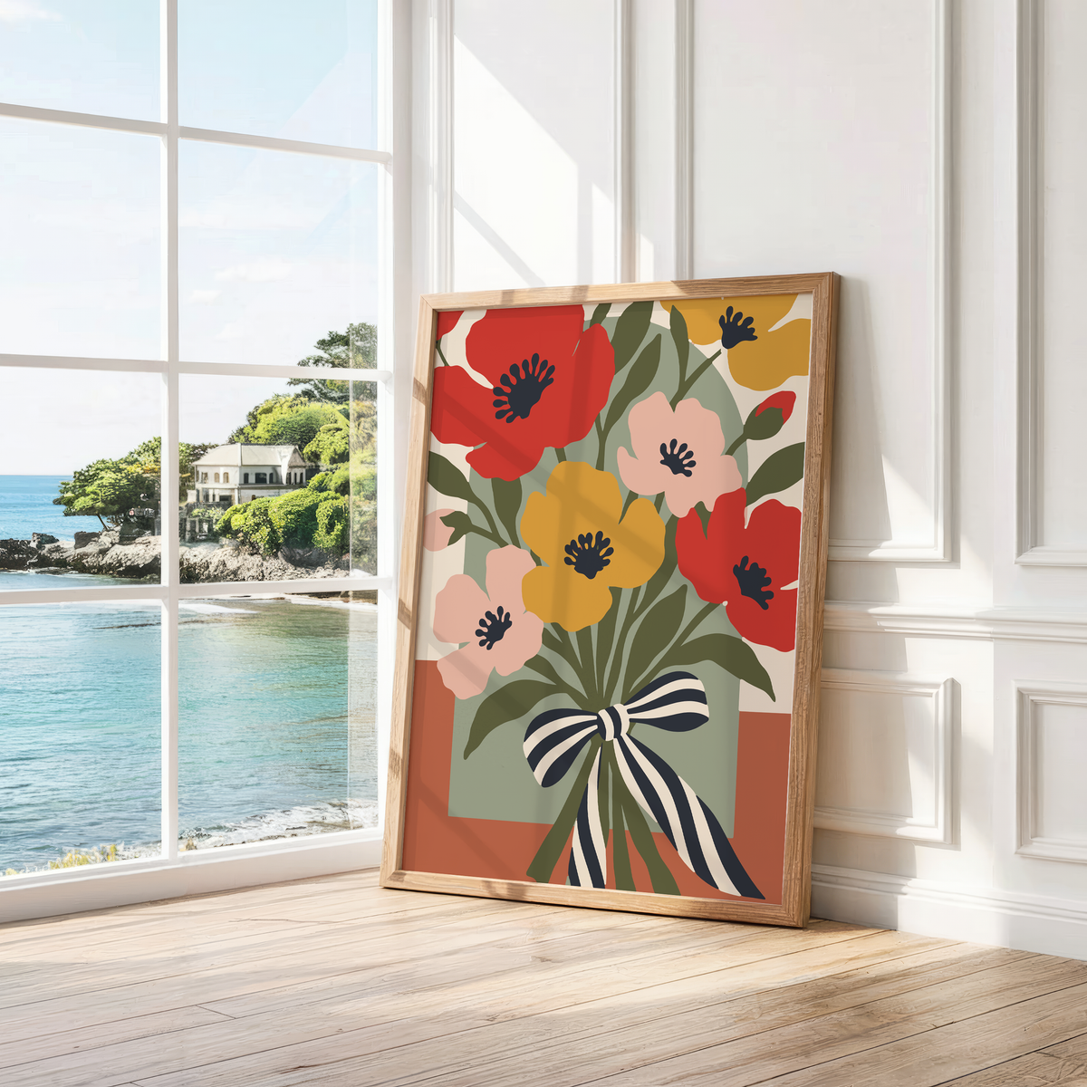 Poppies tied with a striped ribbon leaning by a bright window with a sea view