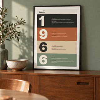 Charcoal terracotta sand and sage 1966 print in a calm room setting