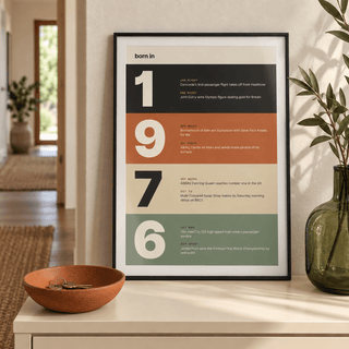 Charcoal terracotta sand and sage 1976 print in a calm room setting