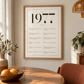 White and black 1977 birth year print in a calm room setting