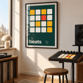 Sixteen drum pads on deep green print in a music practice corner