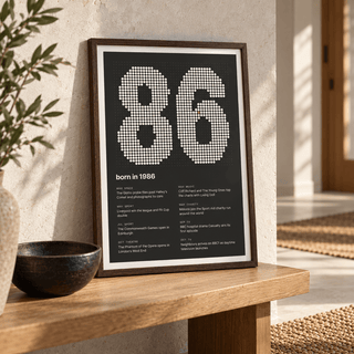 Charcoal halftone print of the year 1986 in a calm room setting