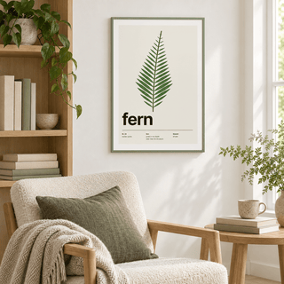 Single green fern frond in a reading nook beside books