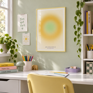 Mustard halo with green centre print in a study corner against a sage wall