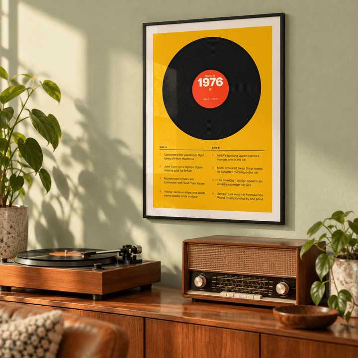 Black vinyl record print with a 1976 label in a calm room setting