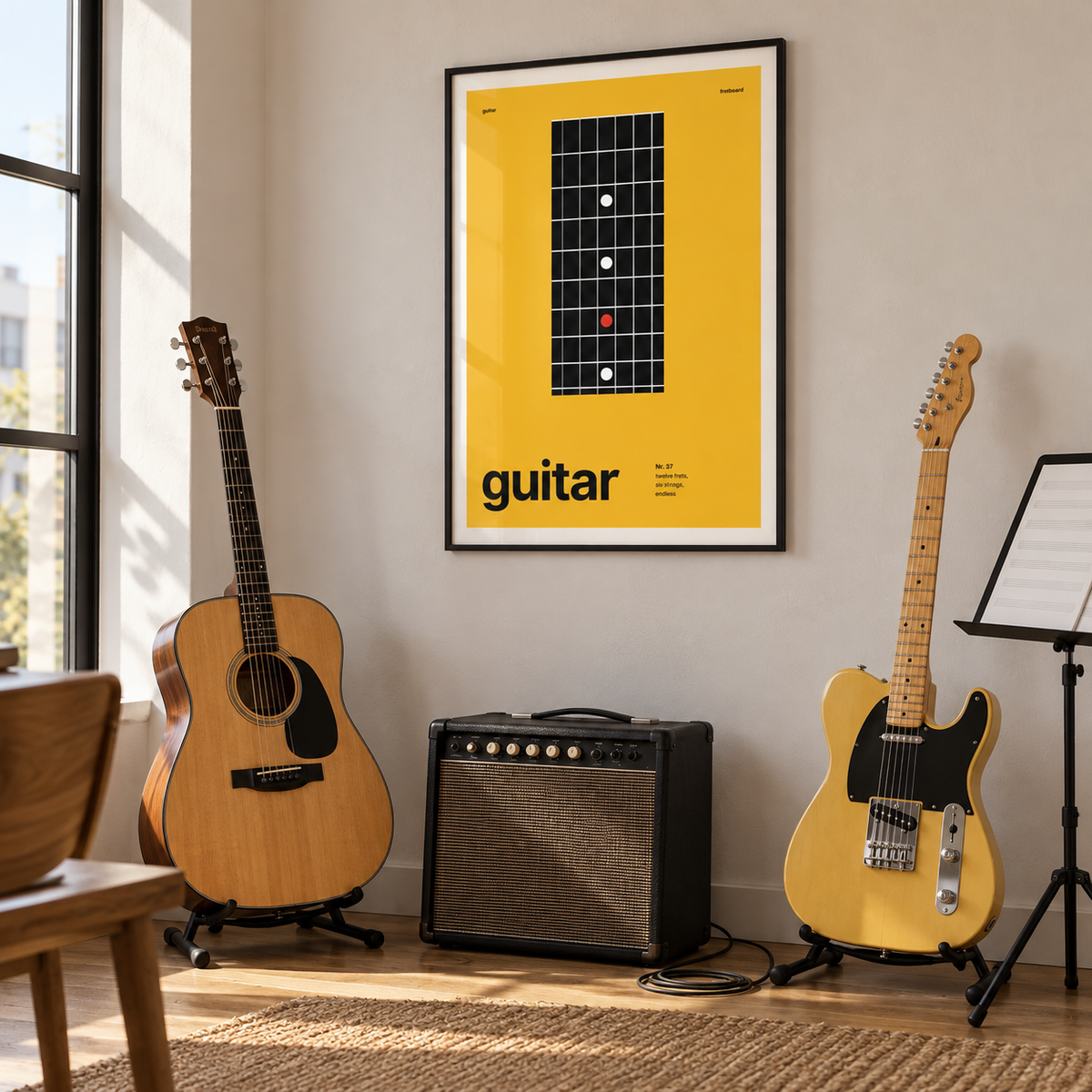 Black fretboard on mustard yellow print in a guitar practice corner