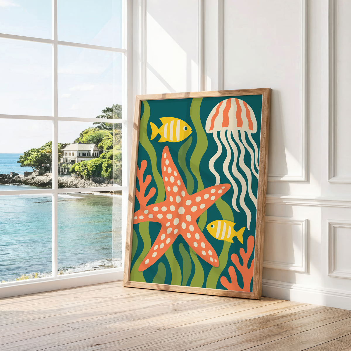 Jellyfish and yellow fish on teal leaning by a bright window with a sea view