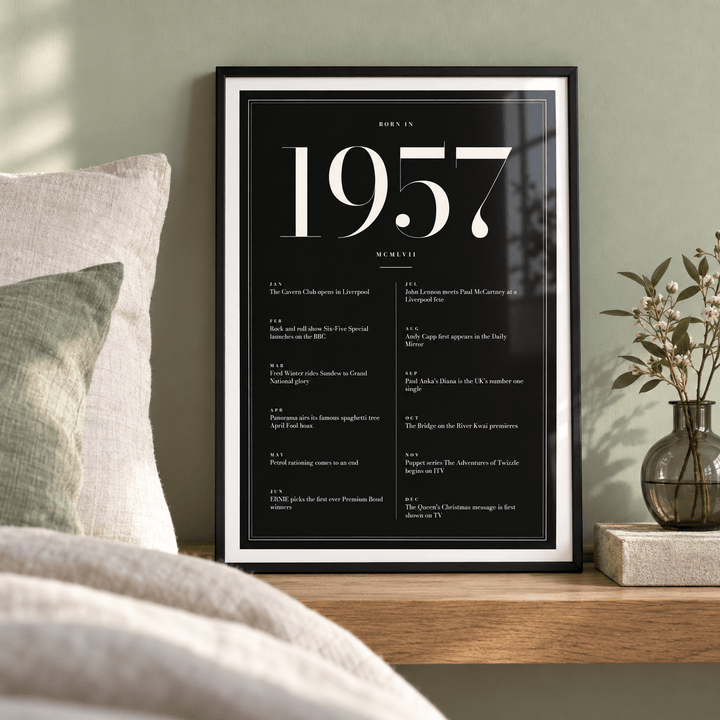 Black and ivory 1957 birth year print in a calm room setting