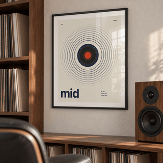 Navy speaker driver on cream print in a music practice corner