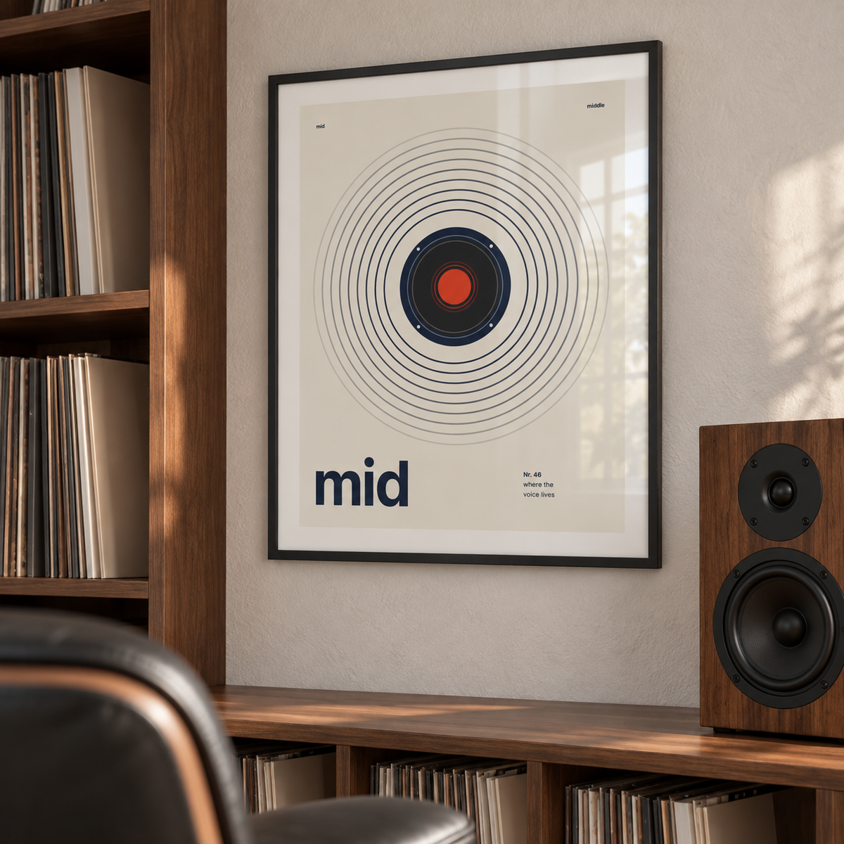 Navy speaker driver on cream print in a music practice corner