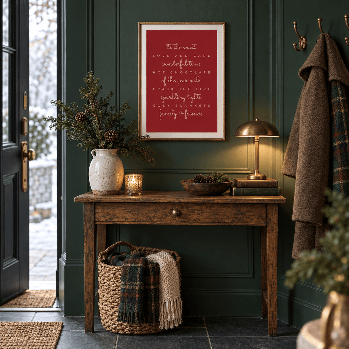 Festive red quote print in an entryway at Christmas