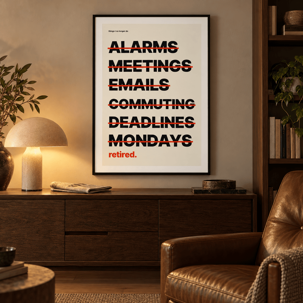 Alarms meetings emails crossed out print beside an armchair in a reading room