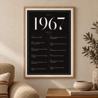 Black and ivory 1967 birth year print in a calm room setting