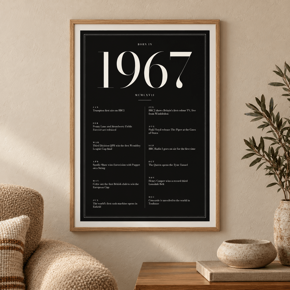 Black and ivory 1967 birth year print in a calm room setting