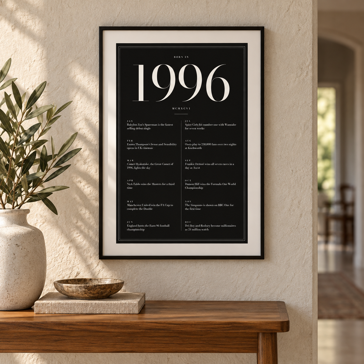 Black and ivory 1996 birth year print in a calm room setting