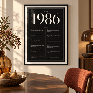 Black and ivory 1986 birth year print in a calm room setting