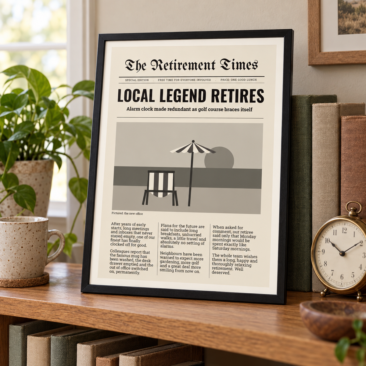 Local legend retires newspaper print beside a bookshelf in a living room