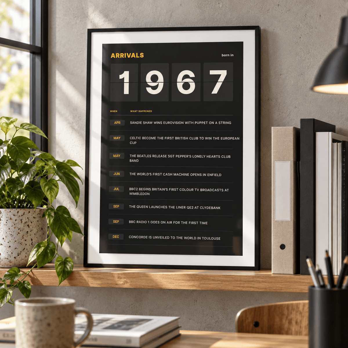 Arrivals board print with 1967 on flap tiles in a calm room setting