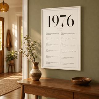 White and black 1976 birth year print in a calm room setting