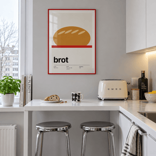 Swiss style bread kitchen print in a breakfast bar against a grey wall