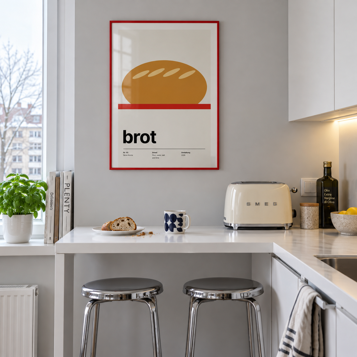 Swiss style bread kitchen print in a breakfast bar against a grey wall