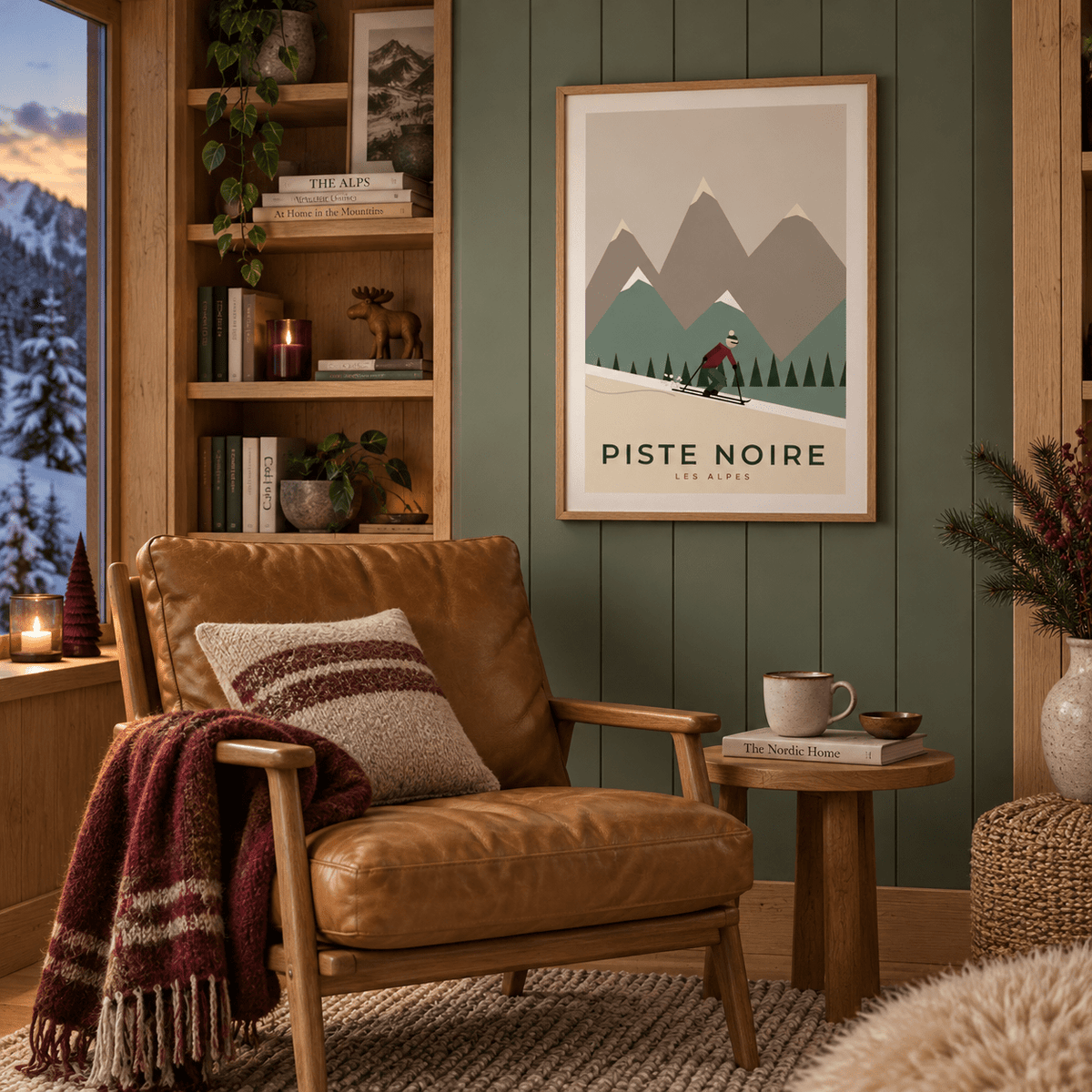 Vintage style skier print in a reading corner at Christmas