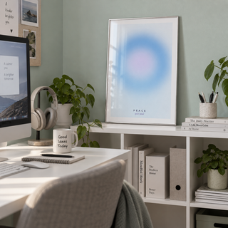 Soft sky blue halo gradient print on a shelf in a home office