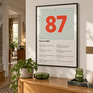 Teal contour line print with a vermilion 1987 in a calm room setting