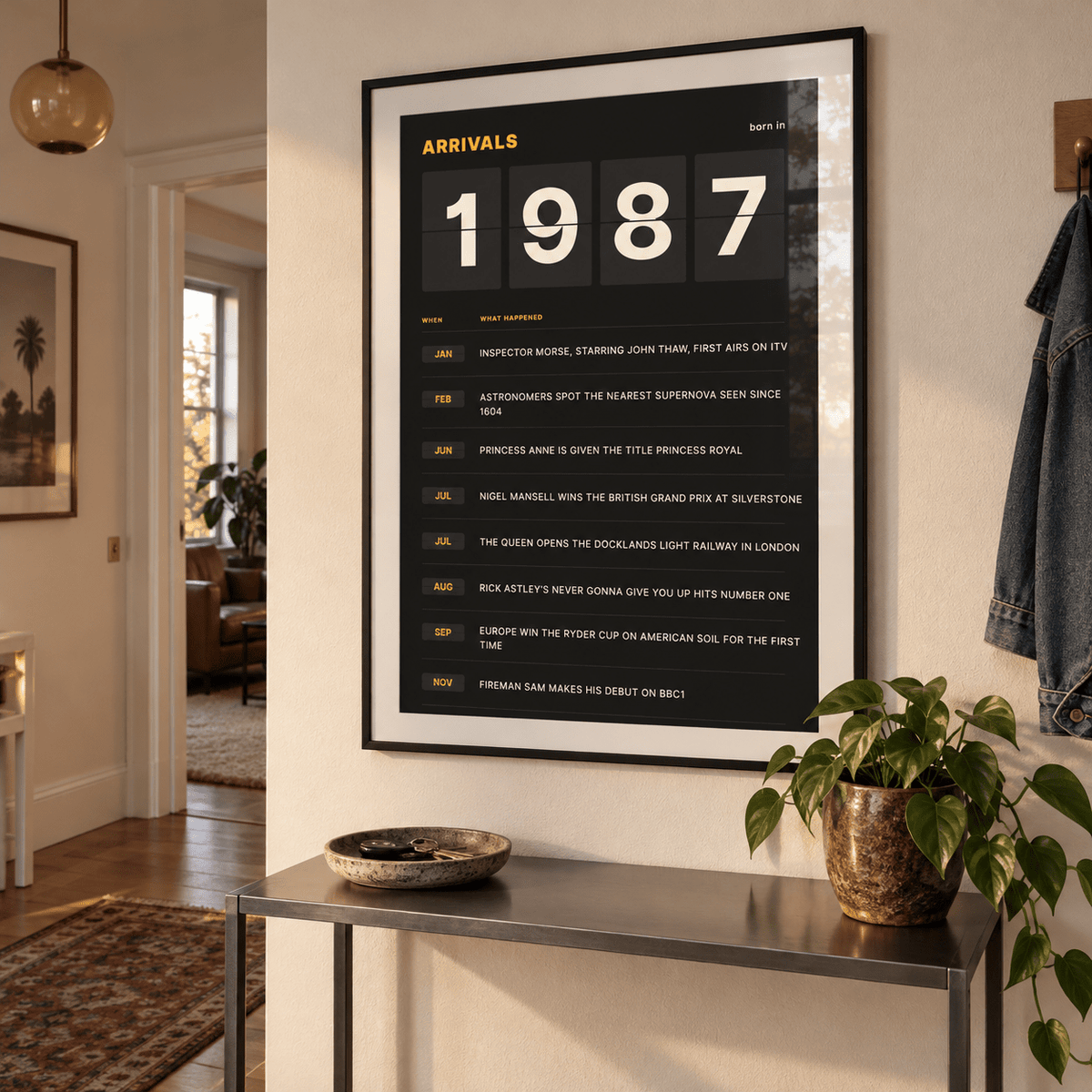Arrivals board print with 1987 on flap tiles in a calm room setting