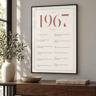 Cream and dusty rose 1967 birth year print in a calm room setting
