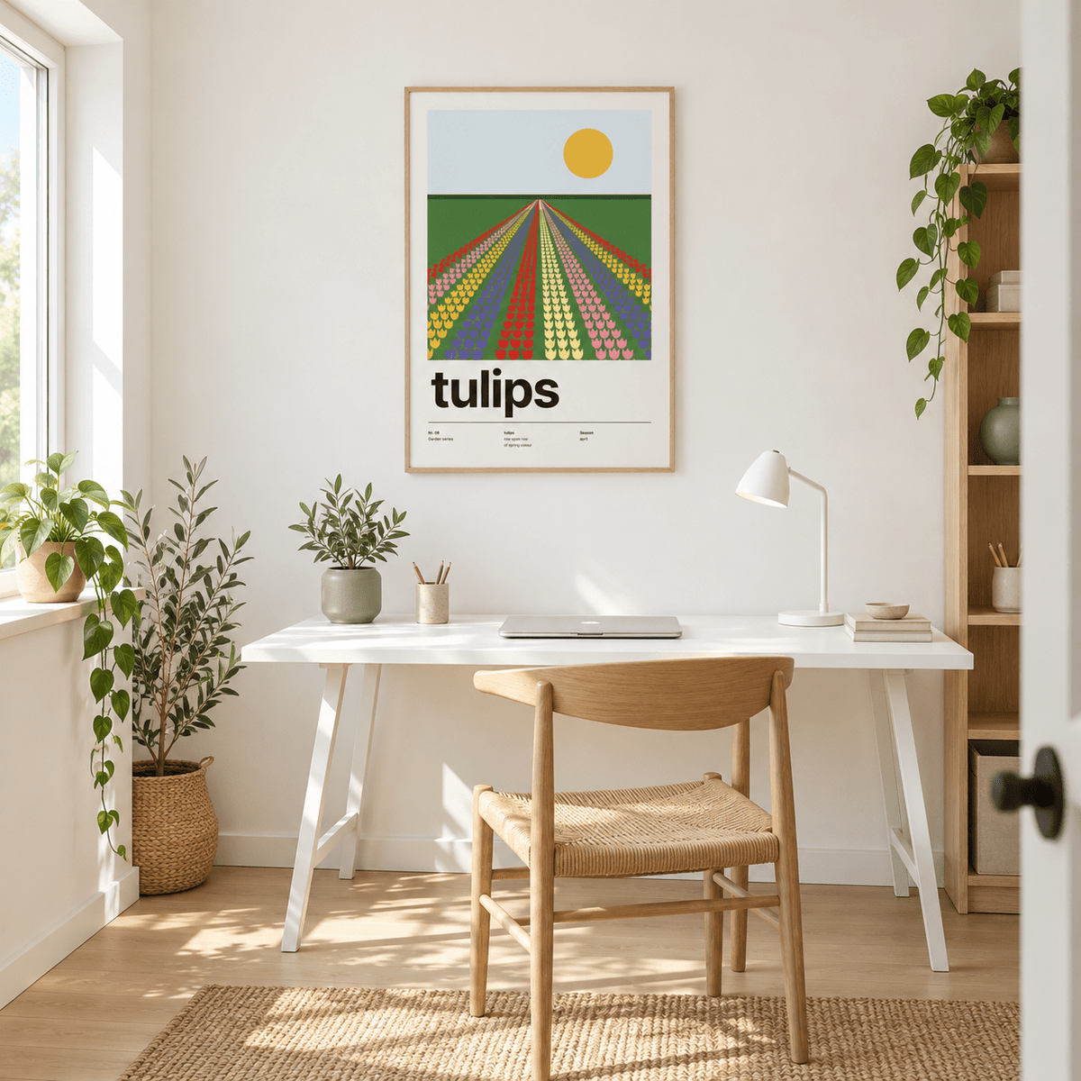 Striped Dutch tulip fields to the horizon above a tidy desk in a home workspace