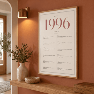 Cream and dusty rose 1996 birth year print in a calm room setting