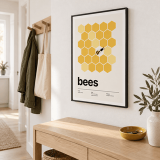 Golden honeycomb grid with one bee on the wall of a welcoming hallway