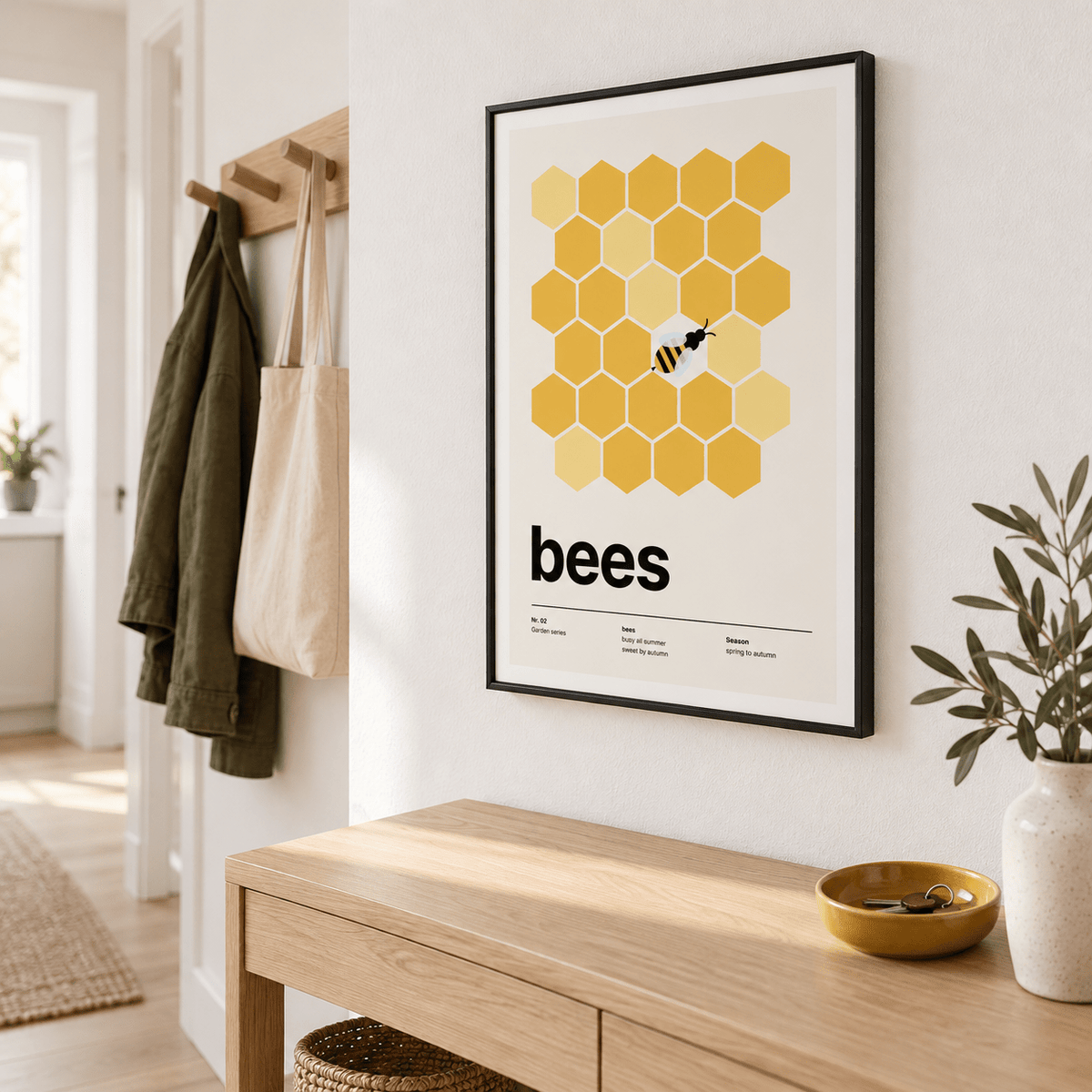Golden honeycomb grid with one bee on the wall of a welcoming hallway