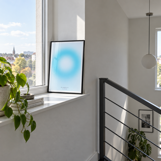 Bright aqua ring gradient print on a ledge in a stair landing